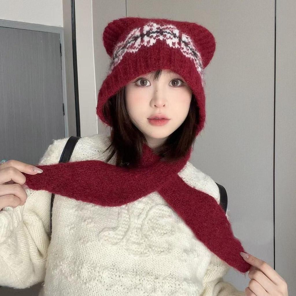 Cute Wool Blended Bear Hat for Women in Autumn and Winter Maillard Face Showing Small Warm Ear Protection Scarf Integrated Woolen Hat