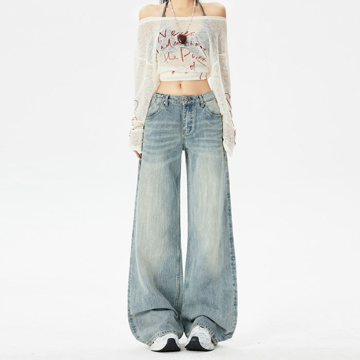 Spring Summer Distressed Light Slub Mid Low Waist Straight Floor Wide Leg Denim Pants For Women Casual Pants Oversize Denim Trousers
