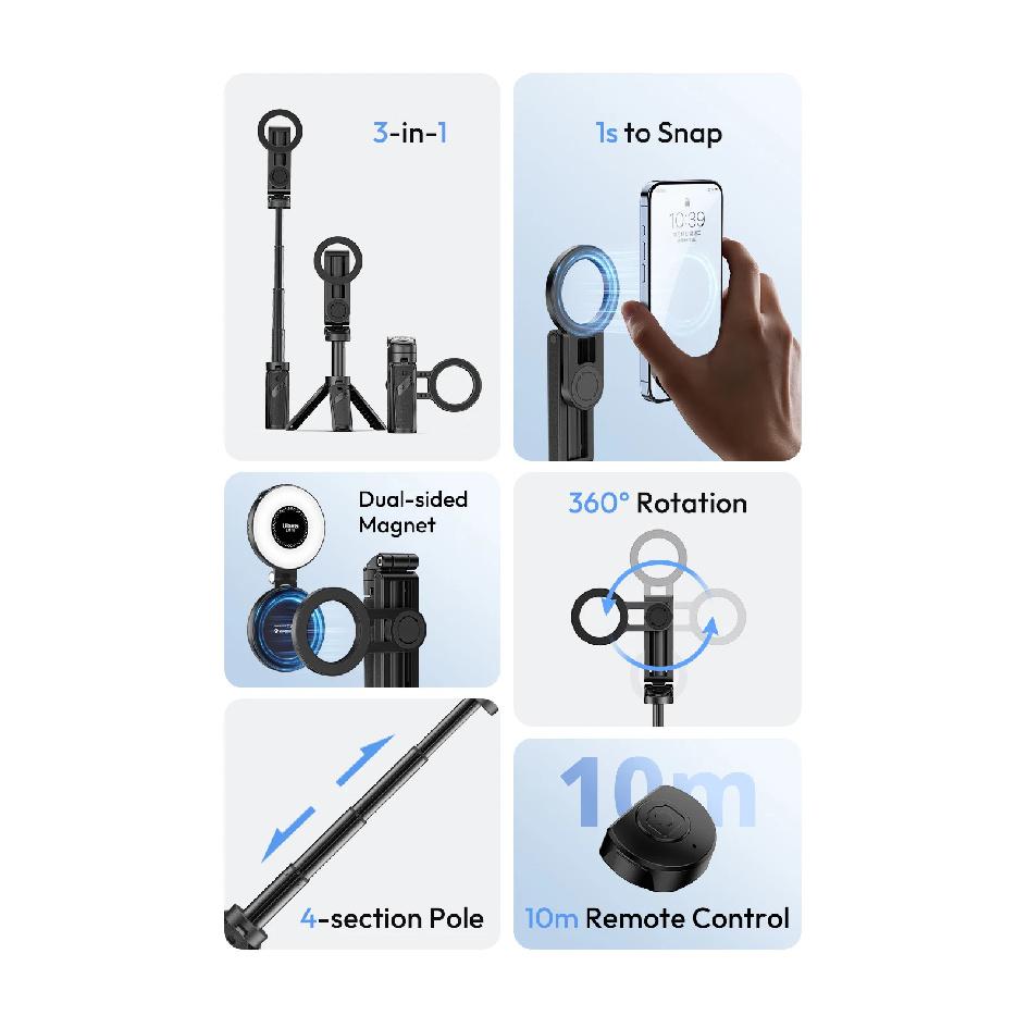 Ulanzi JJ03 Magnetic Phone Tripod Wireless Handle Selfie Stick Desktop Foot Suitable iPhone 16/15/14/13 Pro Max
