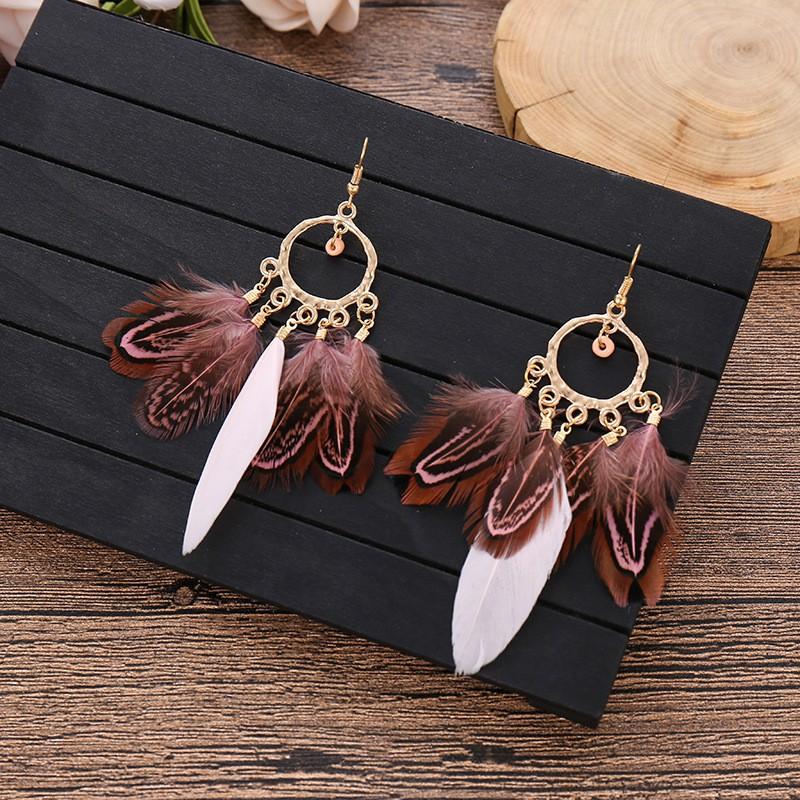 Lightweight Feather Dangle Earrings with Metal Hoop Design Multiple Hanging Feather Charms Bohemian Style Handmade Jewelry for Women