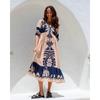 Women's Printed Drawstring Dress with Five-quarter Sleeve Loose Casual