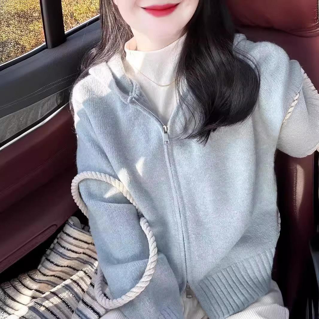 

Женский розовый вязаный кардиган с капюшоном на молнии с длинными рукавами, свободные осенние свитера, мягкая универсальная женская шикарная верхняя одежда синий