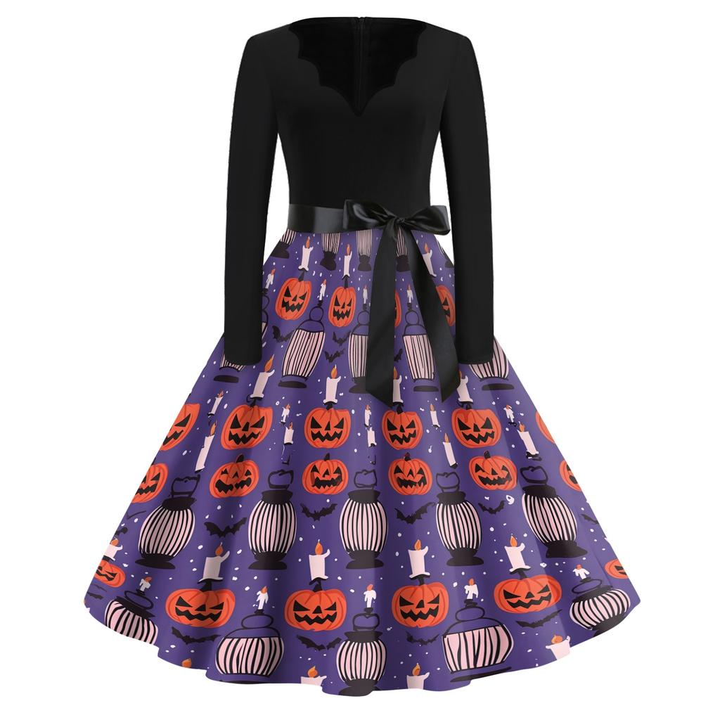 Women Casual Vintage V Neck Dress Halloween Printed Long Sleeve Fit Flare Midi Dress with Waist Tie for Seasonal Wear