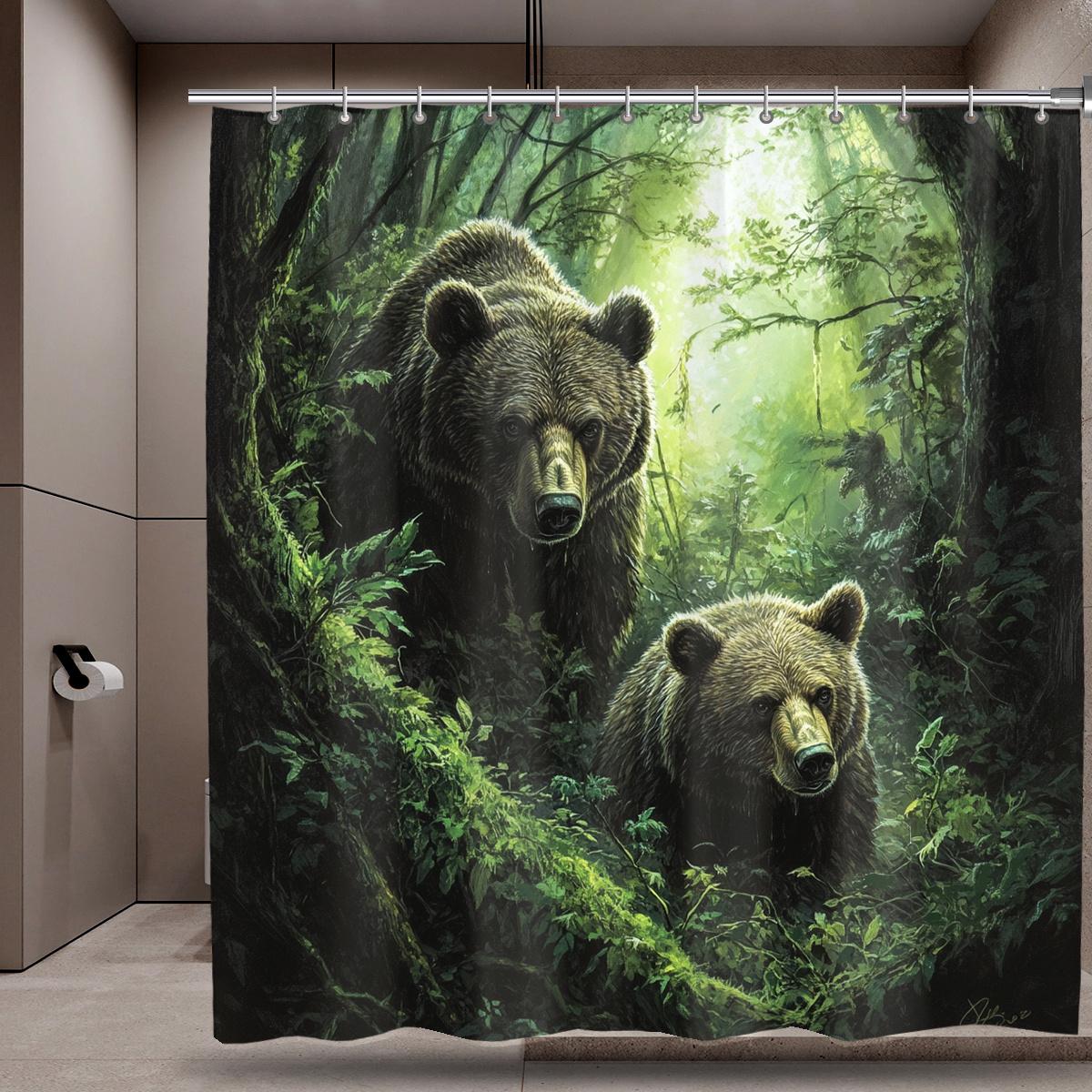 

1 Bamboo Forest Bear Shower Curtain - Polyester, Machine Washable, With Hooks, Realistic Brown Bear And Lush Greenplants Pattern W60H190(CM)-1 Pcs