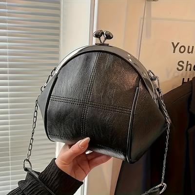Vintage Silver Metal Clasp Chain Crossbody Bag PU Leather Shoulder Purse for Women