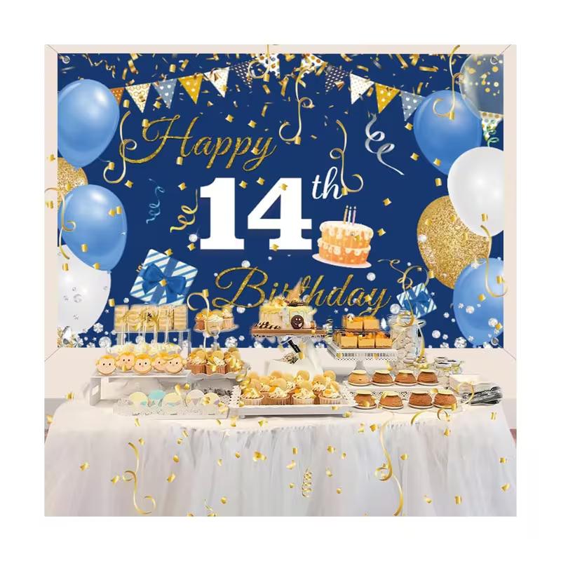 

2D Happy 14th Birthday Backdrop, Blue Gold Party Photo Background 47.2x31.5inch/120*80cm