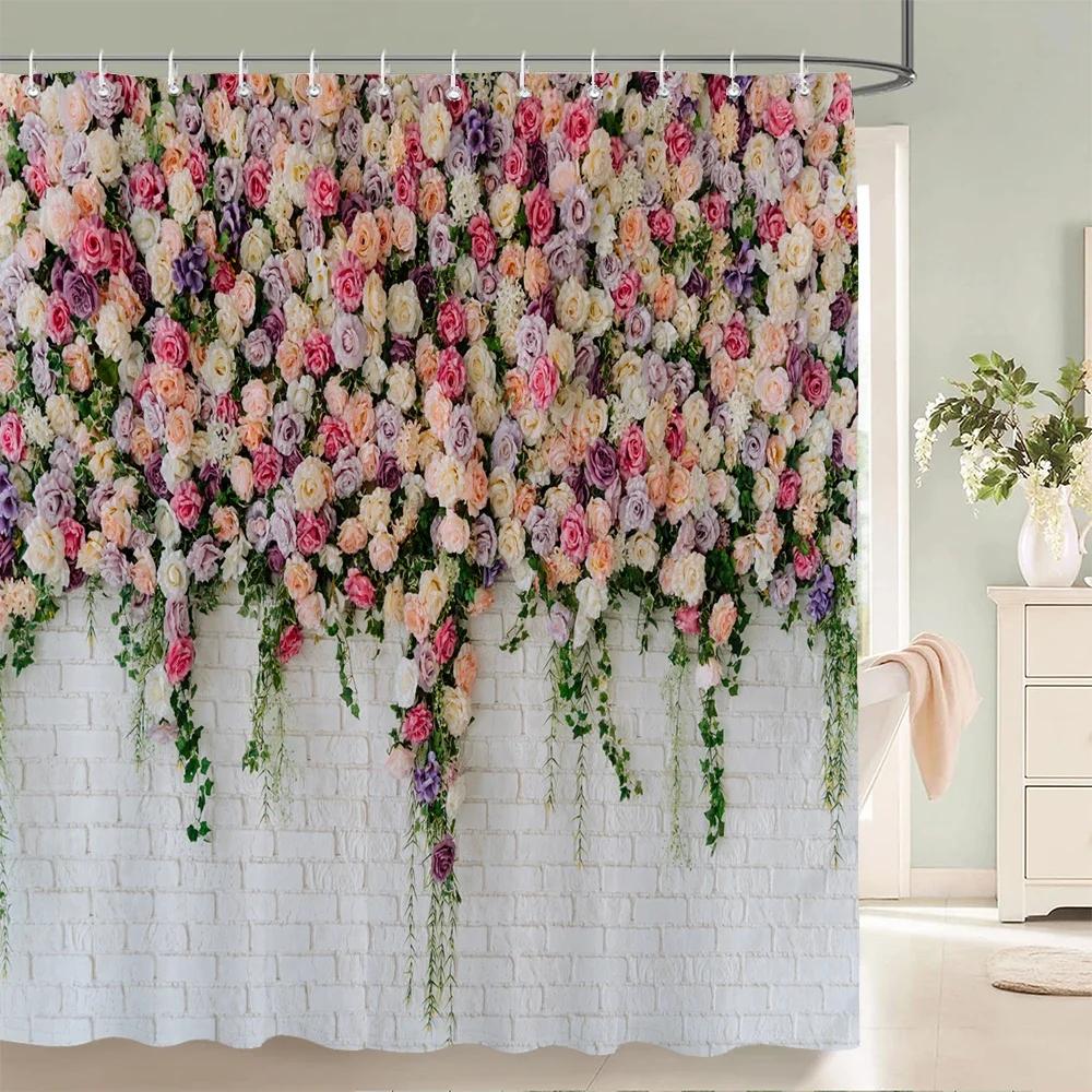 

Rurality Fresh Flowers Wall Shower Curtains Bathroom Shower Curtain 3D Fabric Bath Curtain With Hooks Waterproof Bath Screen W60H190(CM)-1 Pcs