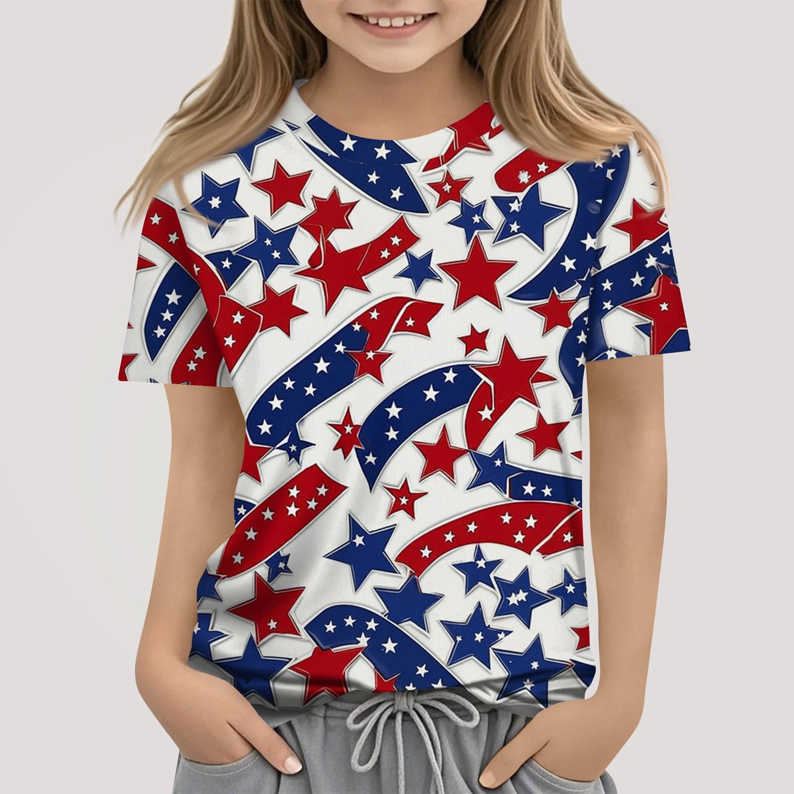 

Children s Fashion Casual Short Sleeve Independence Day Printed Round Neck T-Shirt Top 130 червоний