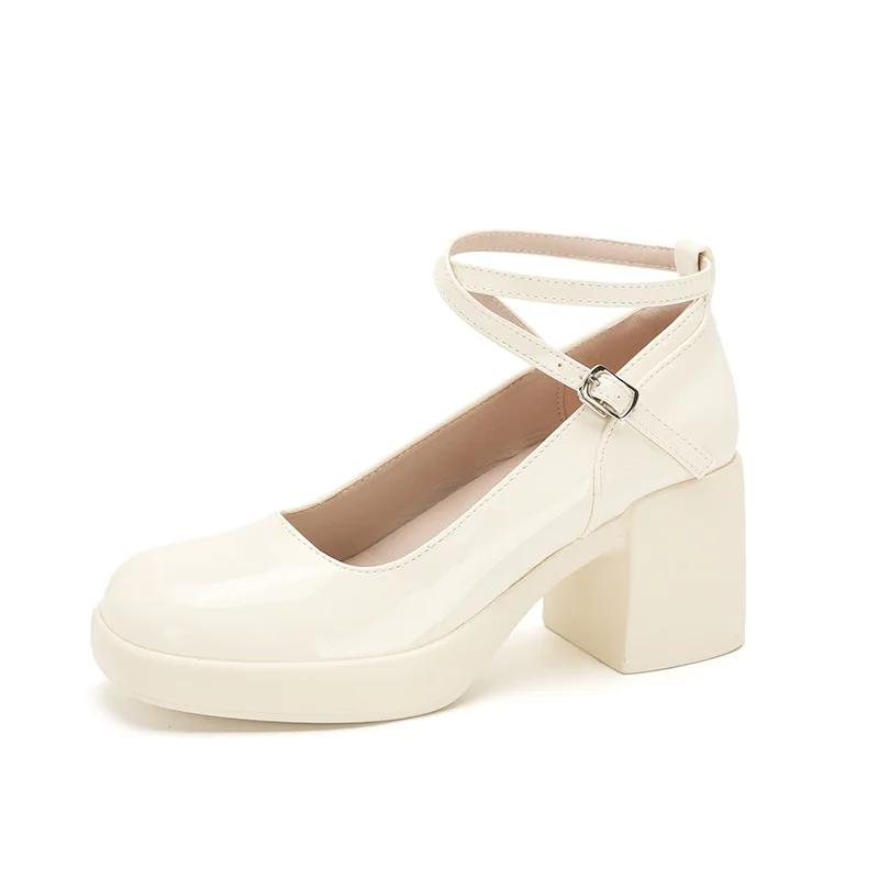 

Elegant Mary Jane Style White High Heel Fashionable Leather Shoes With Buckle Strap 34 абрикосовый