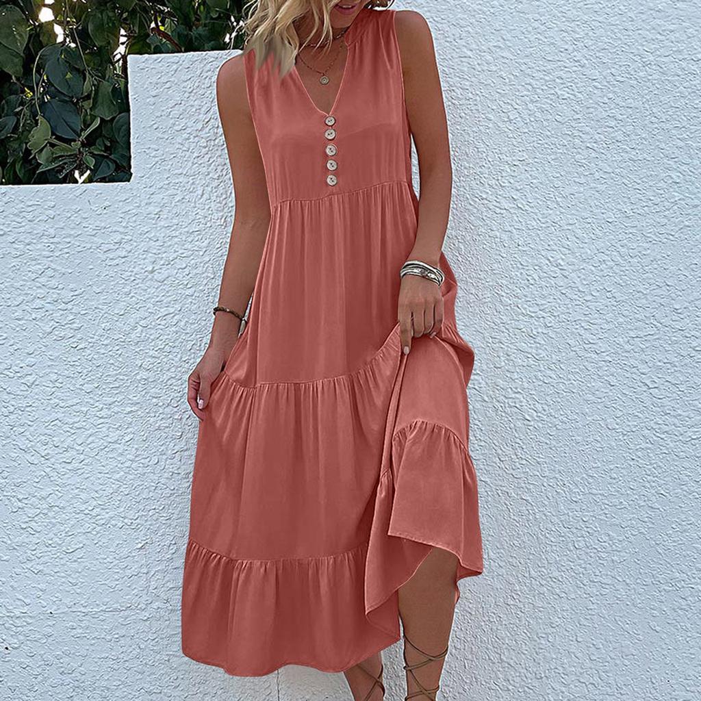 Sleeveless Women's Dress Casual Flowy A-Line Midi Tshirt Dresses With Pockets Crewneck Vocation Boho Beach Sundress