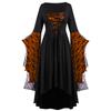 Women Gothic Skull Lace Bell Sleeve High Low Dress Halloween Cosplay Square Neck Lace Up Vintage Witch Party Long Dress