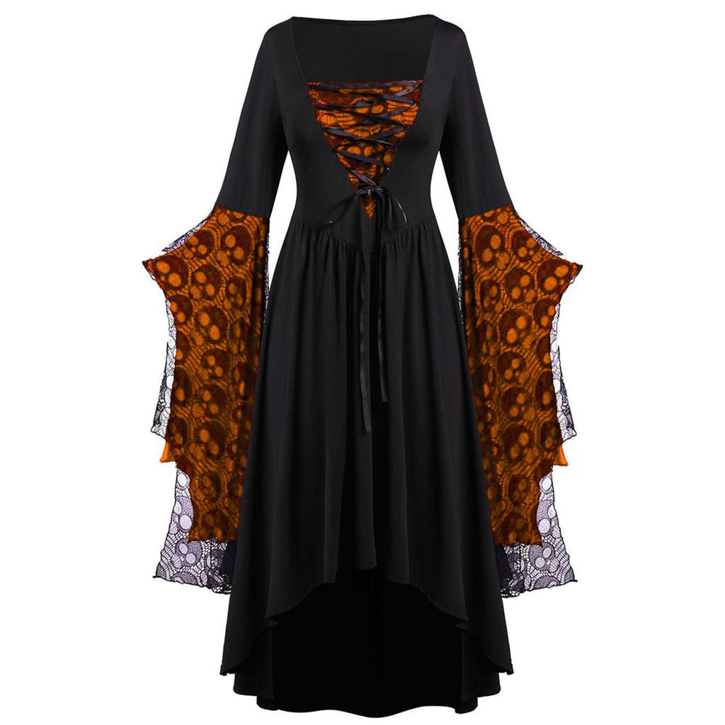 Women Gothic Skull Lace Bell Sleeve High Low Dress Halloween Cosplay Square Neck Lace Up Vintage Witch Party Long Dress