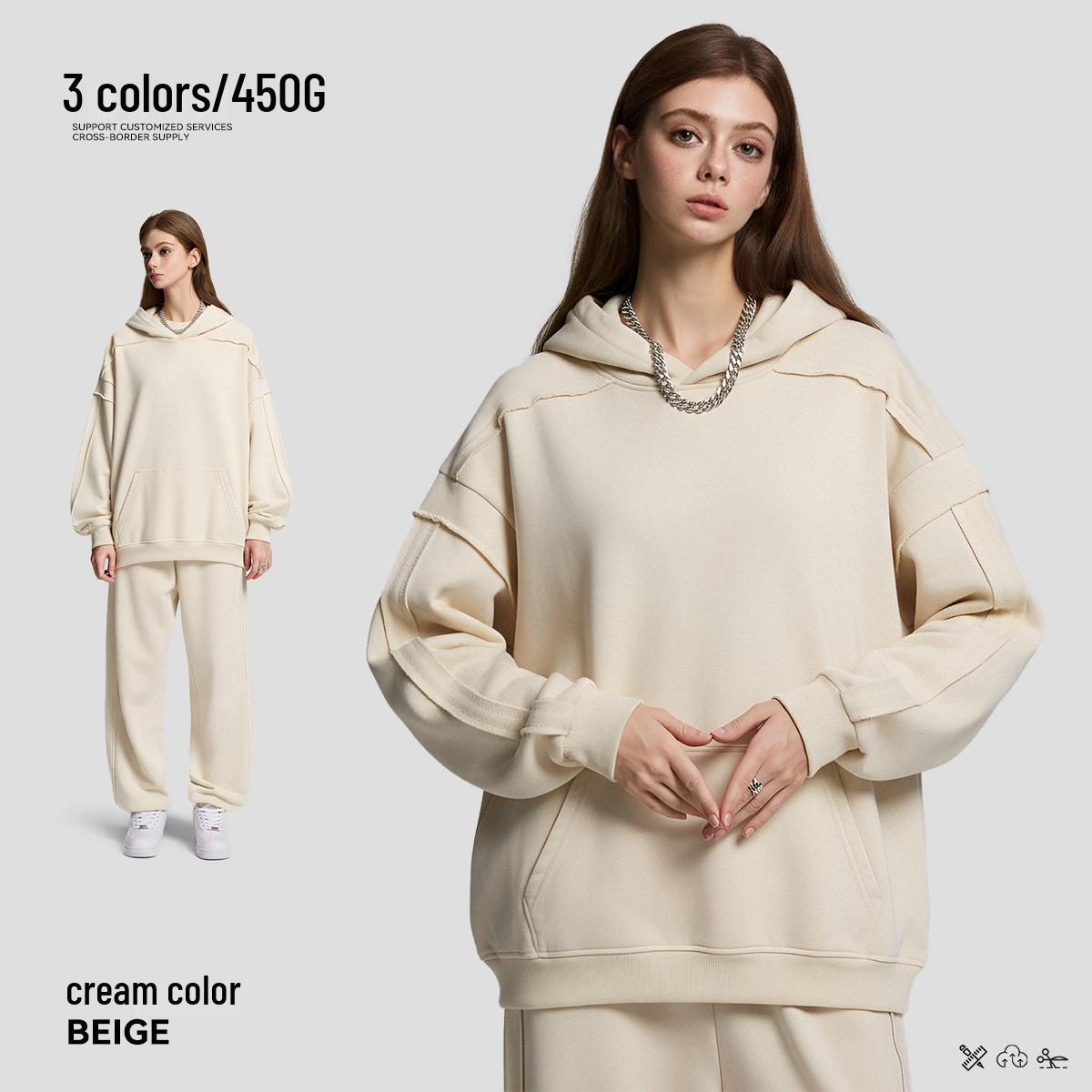 Unisex Heavyweight 450G Fleece Fake Two-Piece Hoodie with Velvet and Patchwork Trim L