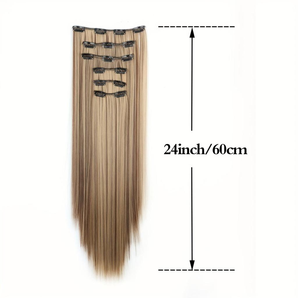 6PCS Clip in Hair Extensions 24" Straight Long Synthetic Hairpieces for Women Daily Party Halloween Black Brown