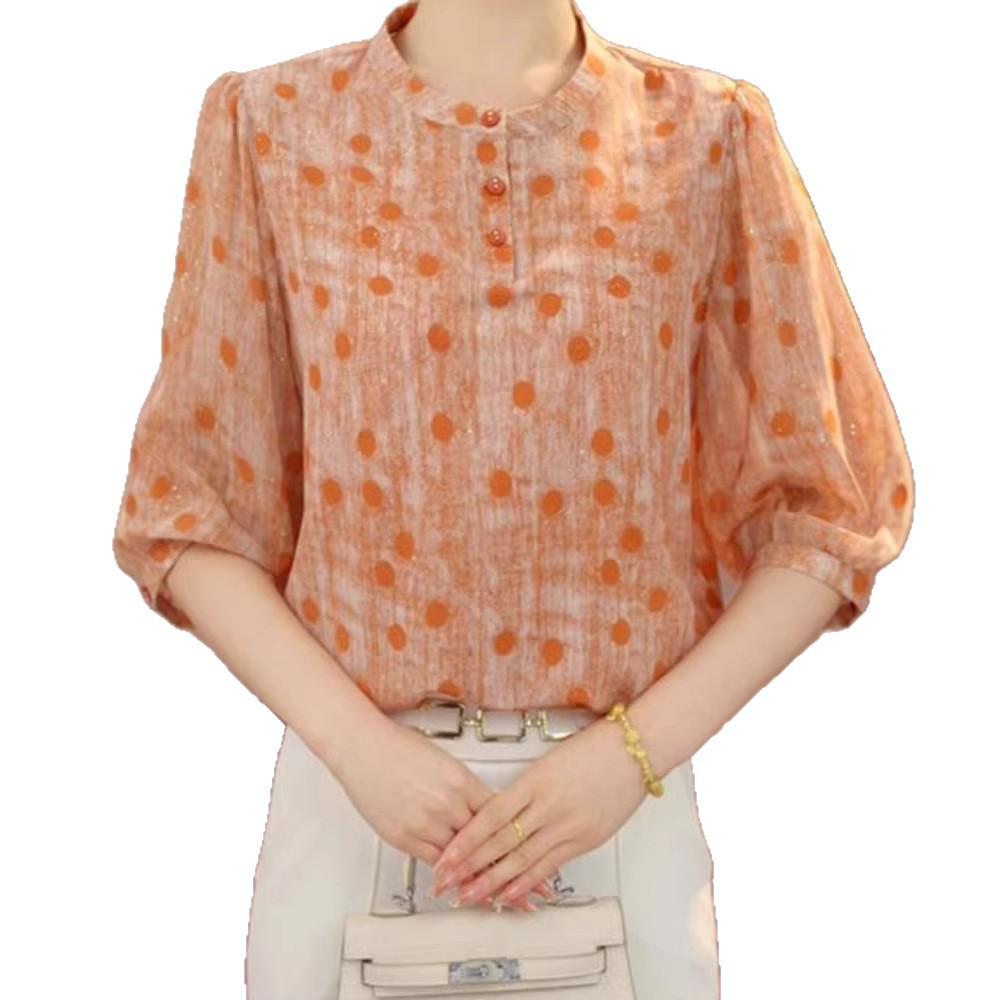 Elegant 2026 Age-Reducing Polka Dot Blouse - Stylish Three-Quarter Sleeve Summer Top