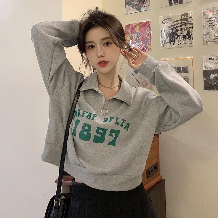 Women's Petite Half-Zip Polo Collar Sweatshirt - American Retro Style for Spring and Autumn