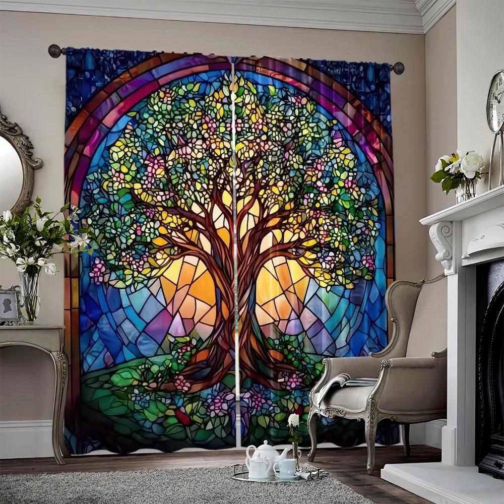 Vikama Piece Colourful Glass Tree Life Curtains Living Room Bedroom Kitchen Pocket Style Home Decor Curtain Darkening Polyester Ideal For Area