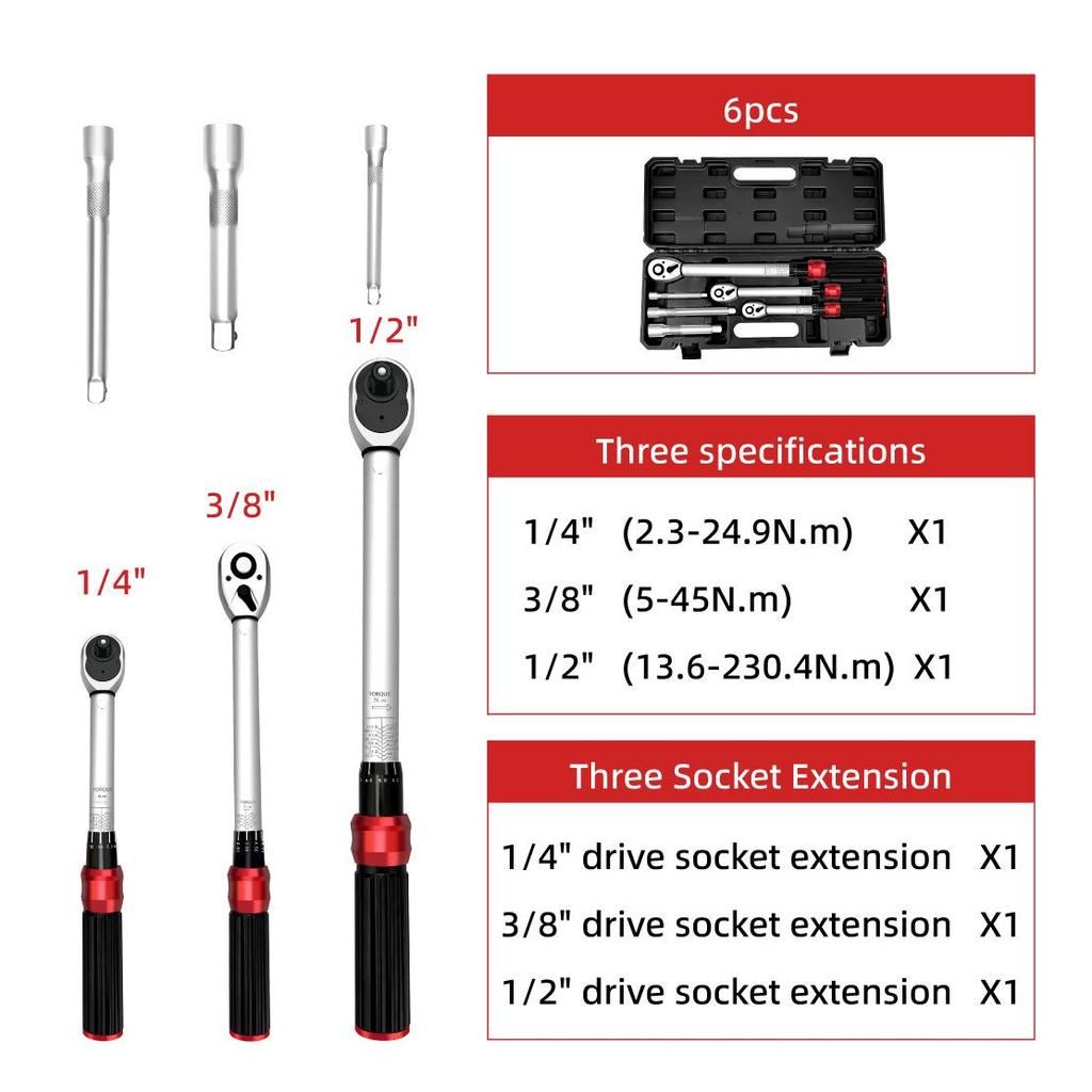 1/4" Adjustable Torque Wrench 5-25NM Preset Quick Release Set