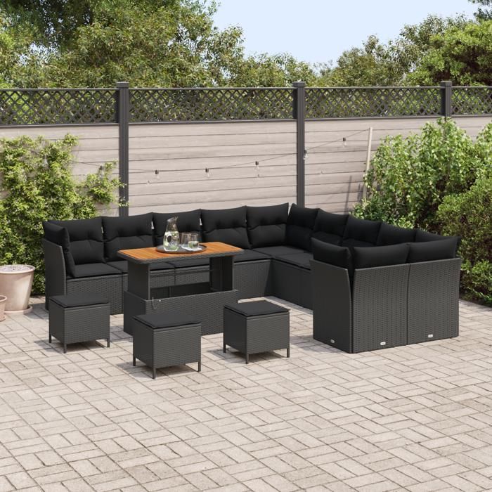 Ensemble de Canapés de Jardin de 14 pièces avec Coussins Noir Poly Rattan Acacia, Ensemble de Dîner de Jardin de 4 pièces 3361549