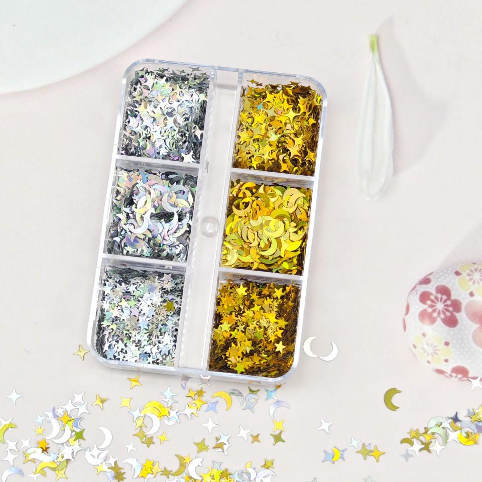 6-Grid Pack: Mixed Gold & Silver Star, Moon Glitter Eye Makeup Stickers for DIY Resin