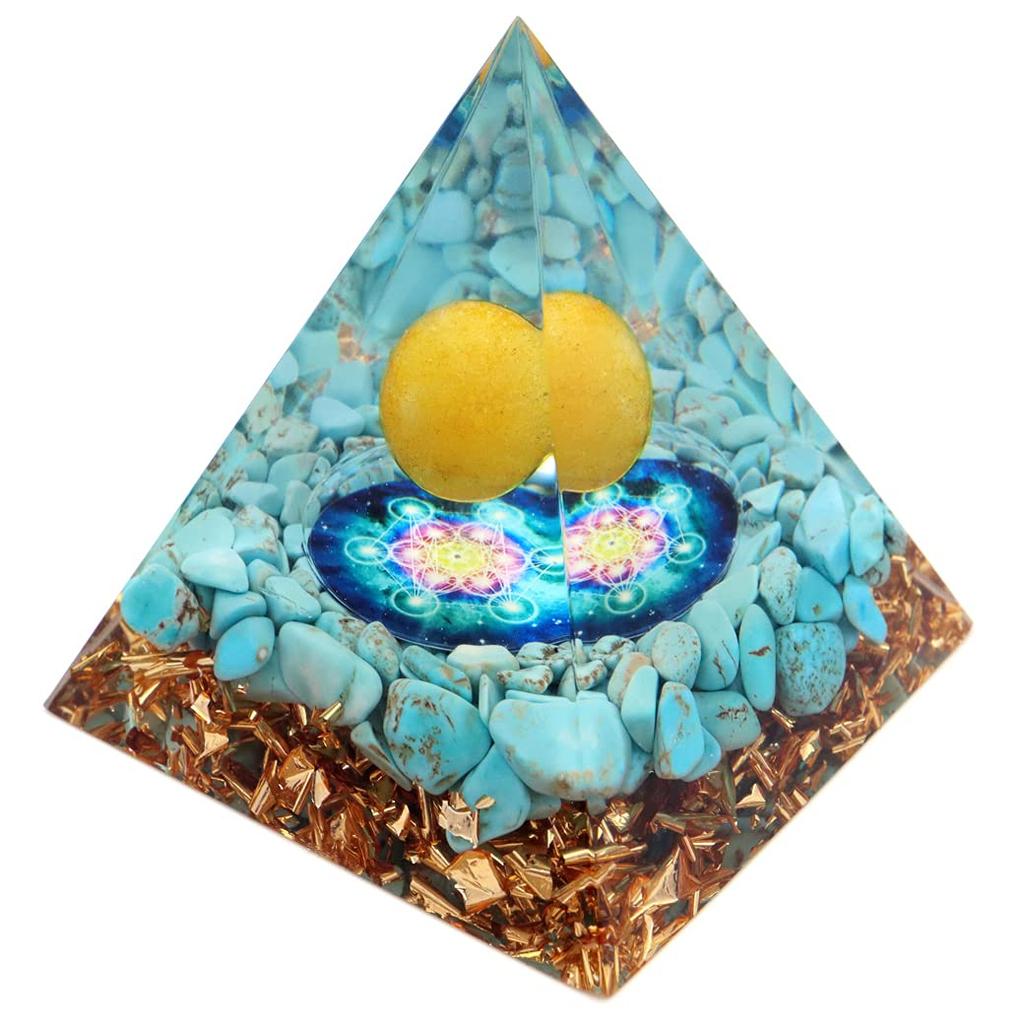 Orgonite Pyramid Ornament Natural Stone Power Stone Purification Turquoise Turquoise Sazare Aragonite Round Ball Hexagram [GOLD STONE]