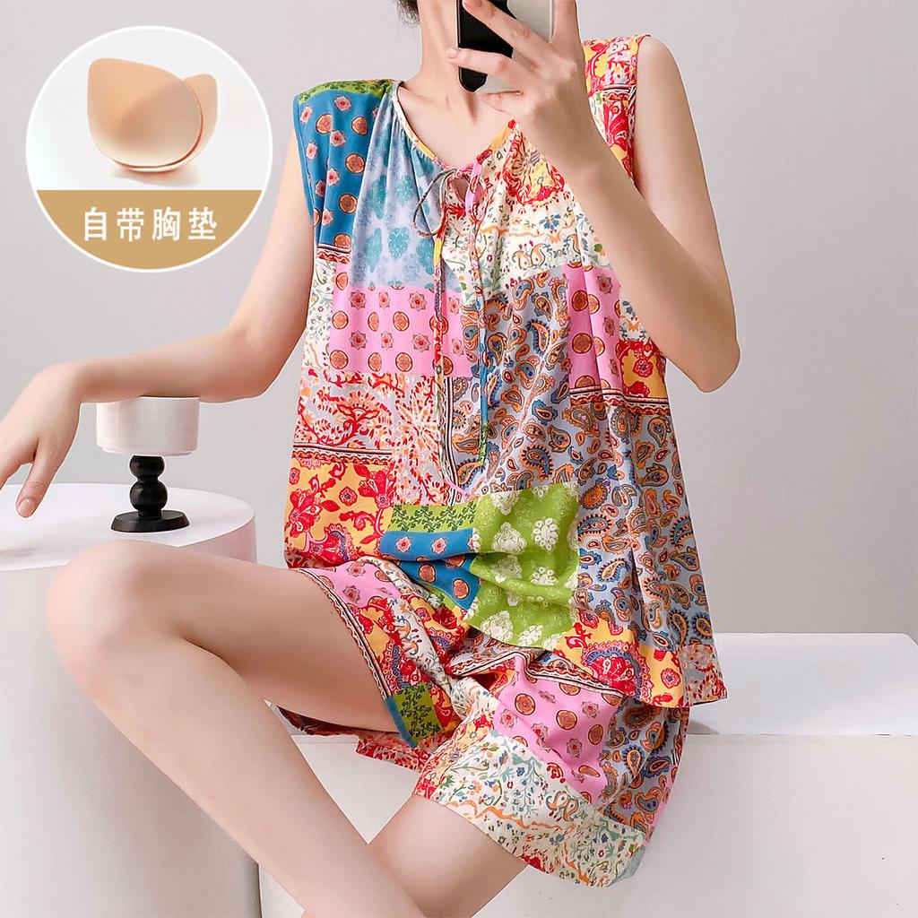 Anti-bumping dots with chest pads, pajamas for women's summer thin cotton and silk loose large-size loungewear suit, vest can be worn outside