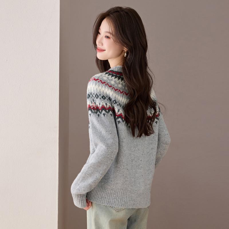 Women's Fair Isle Jacquard Knit Wool Cardigan Coat - Warm Button Sweater for Autumn/Winter