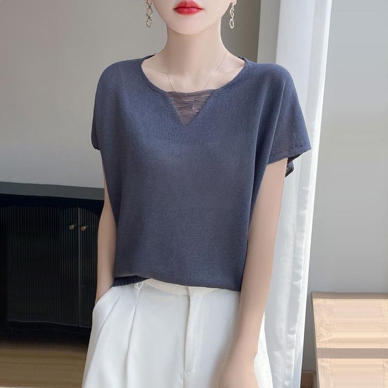 Women Beige V Neck Hollow Out Short Sleeve Loose Casual Knit Top