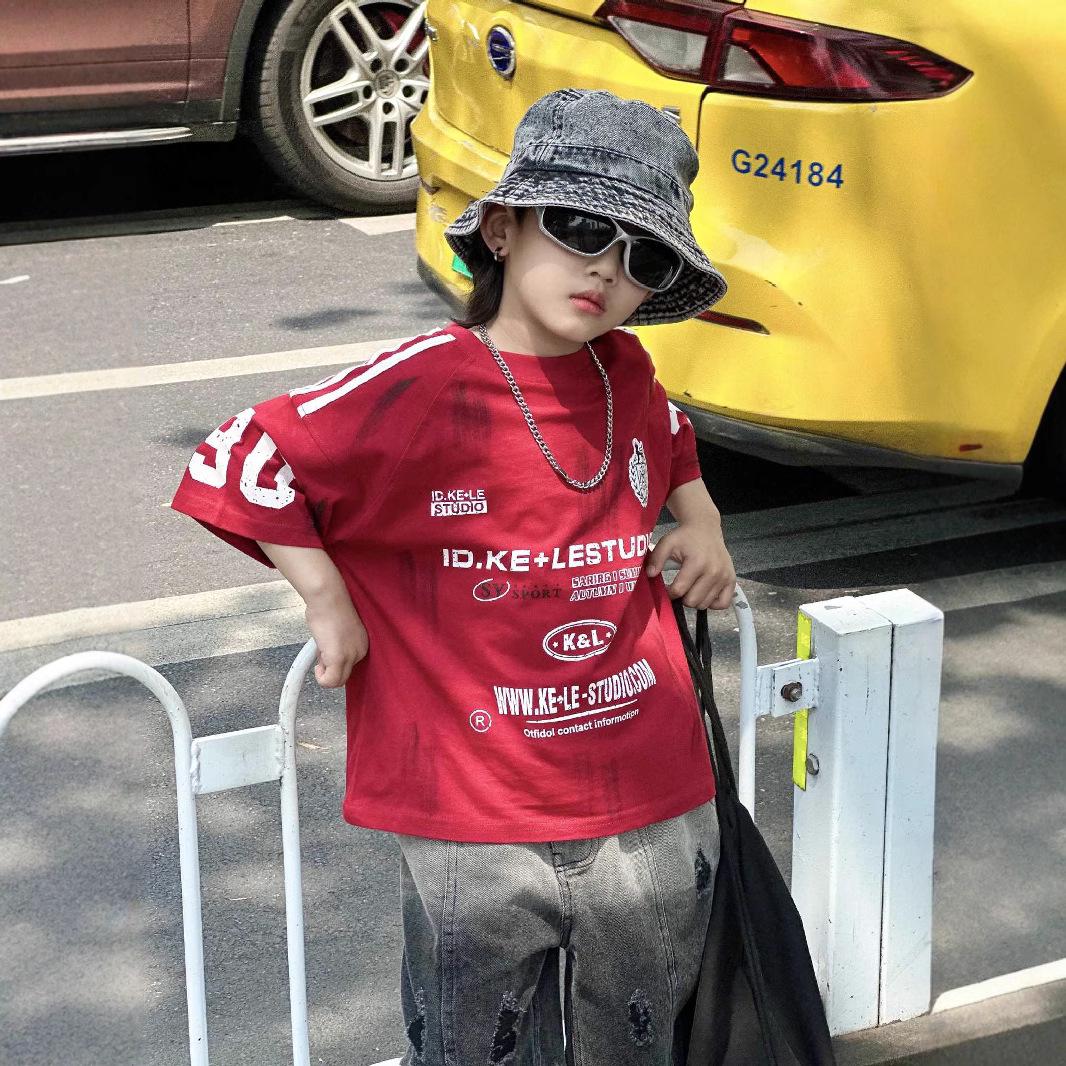 

Детская хлопковая футболка свободного кроя в корейском стиле - с коротким рукавом, летняя одежда для мальчиков и девочек 100 cm красный