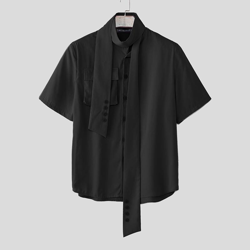 

INCERUN Oversized Men Tie Up Short Sleeve Buttons Casual Loose Summer Shirts 4XL чёрный