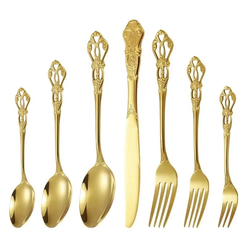 European Style Stainless Steel 4pcs Dinnerware Set - Retro Hollow Design Gold Spoon, Fork and Royal Steak Knife for Home Decor