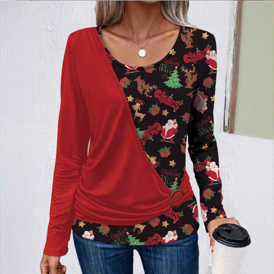 

Модные женские футболки топы осень с принтом однотонные со вставками повседневные с длинным рукавом вязаная футболка подходит для通勤 на работу и с работы одежда S красный