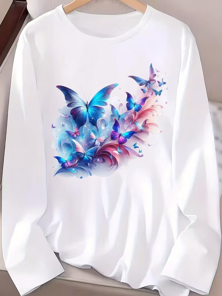 (Asian Size) Long Sleeve T-shirts Casual Clothing Women butterfly cute o-neck Print T Shirt autumn winter spring Fashion Top Graphic Tee