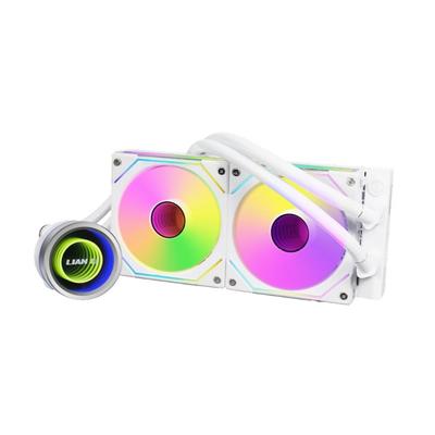 Vodní chladicí sada Lianli řady Galahad II Trinity 240, bílý, 27mm silný radiátor, vybavený připojeným chladicím ventilátorem, schválený Japonskem.