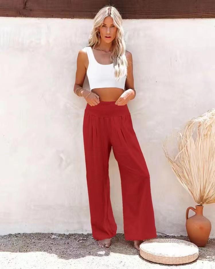 High Waisted Wide Leg Pants with Elastic Waistband, Light Beige Loose Fit Trousers for Women