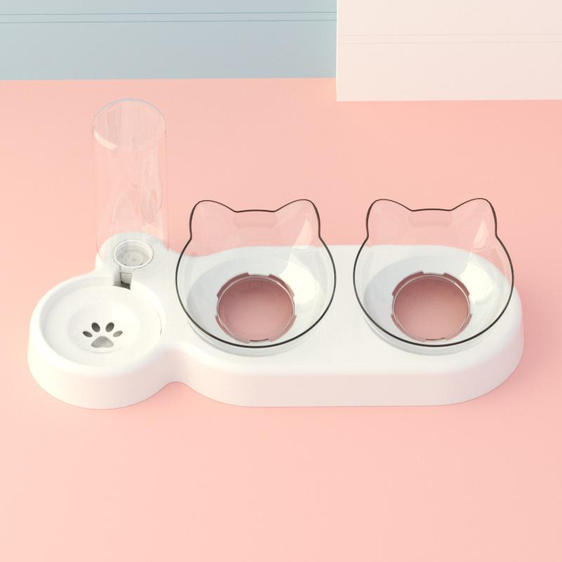3 Piece Cat Bowl Set Double Food Water Feeder Non Spill Plastic Pet Bowls Grey Transparent Brown Blue Pink Pet Supplies KTY