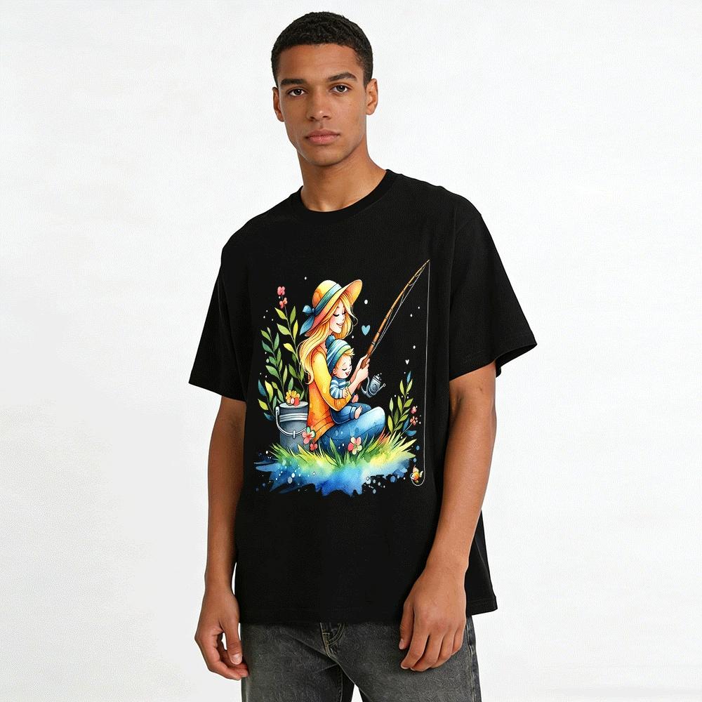 Warm Parent Child Fishing Time Print Casual T-Shirt Pure cotton T-shirt