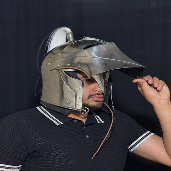 Handcrafted Medieval Steel Knight Helmet with Plume, Gothic LARP Cosplay Armor Gift