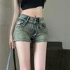 Amerikaanse Dames Denim Shorts Rechte Pijp Retro Elastisch Lage Taille Strakke Shorts