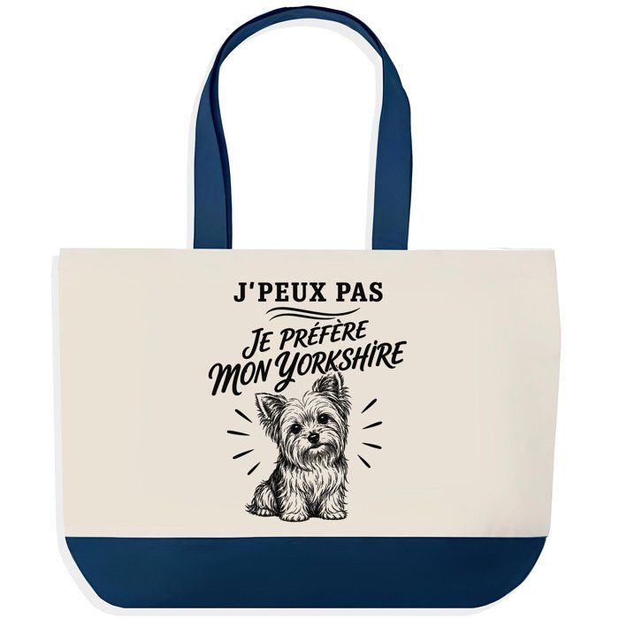 Grand Sac Cabas Fond Bleu J’peux pas je préfère mon Yorkshire J'peux pas minimaliste | Toile de Coton 170 g/m² 27 L Poche