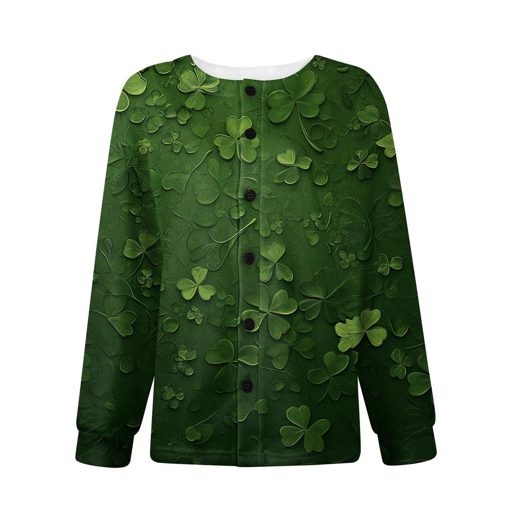 Women's Stylish St. Patrick Print Long Sleeve  Fleece Cardigan Button Jacket