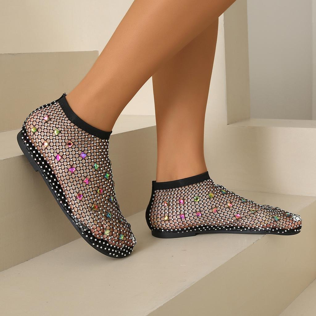 Fashion Low-cut Women's Flat Sandals Summer Mesh Hollow Breathable Outdoor Beach Fashion Rhinestone Decorative Baotou Sandals.