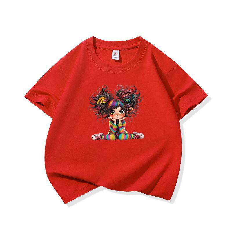 Kids Cotton T Shirt Charming Rainbow Hair Girl Sitting Print Crew Neck Short Sleeve Tee Casual Boys Girls Summer Tops