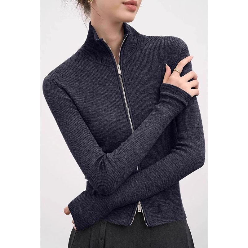 

Gray stand-up collar double zipper knitted cardigan jacket women s autumn and winter new retro slim-fit bottoming sweater top One size темно-серого