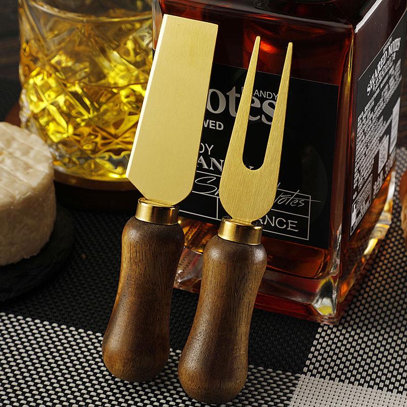 Stainless Steel Gold Cheese Knife with Acacia Wood Handle, Fork, and Spatula Utensils Set