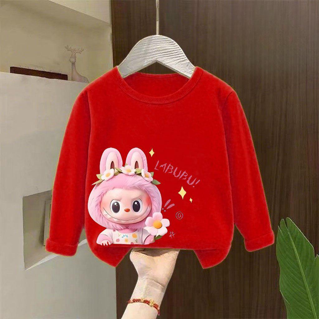 Girls' Round-neck Long-sleeved Base Layer Shirt, Sweet Pure Cotton for Children Spring and Autumn