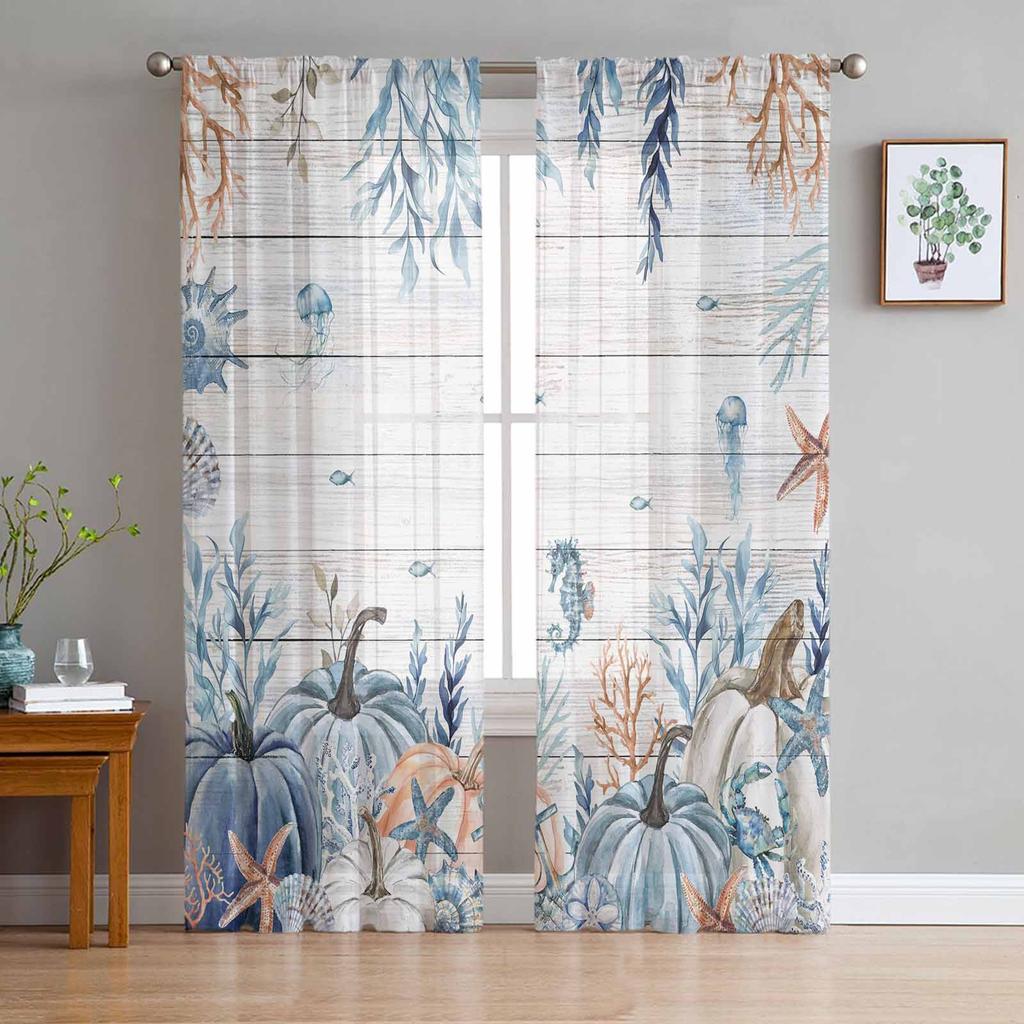 Thanksgiving Pumpkin Maple Leaf Sheer Drapes for Living Room Decoration Window Curtain Kitchen Curtain Panels