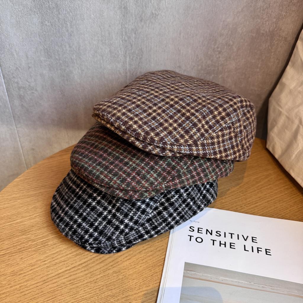 Retro Checkered Beret With Big Head Circumference Design For Autumn Winter Wear