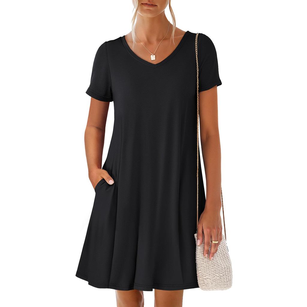 Damen V-Ausschnitt Kleid mit Bindetasche und kurzen Ärmeln