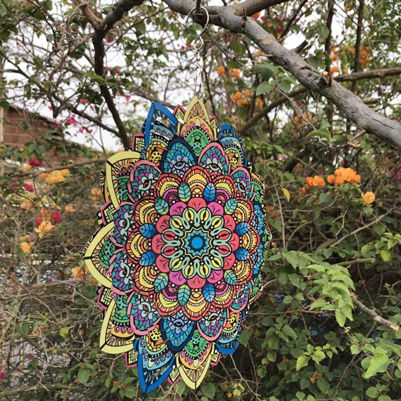 12 Inch Foldable Rotating Wind Chime 3D Color Wind Chime Mandala Wall Hanging Decor Outdoor Garden Pendant Creative Gift for Kid